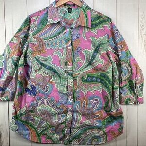 Lauren Ralph Lauren Shirt Womens 1X Plus Multicolor Paisley 3/4 Sleeve Button Up